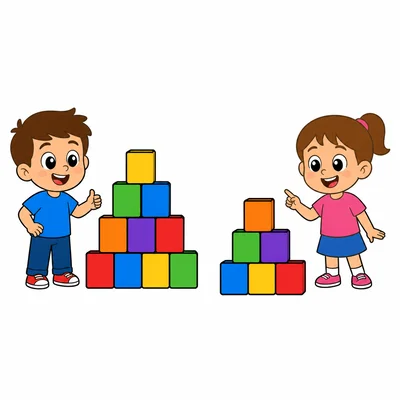 Two children with ten blocks on the left and seven blocks on the right