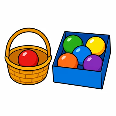 A basket with one ball and a box with five balls