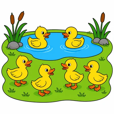 Two ducks in a pond and four ducks on the grass