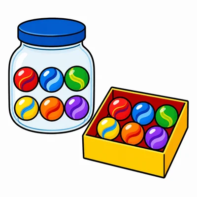 A jar with six marbles and a box with six marbles