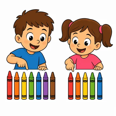 Two children with seven crayons on the left and five crayons on the right