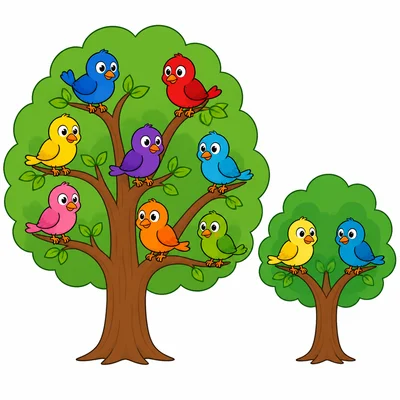 One tree with eight birds and another tree with two birds