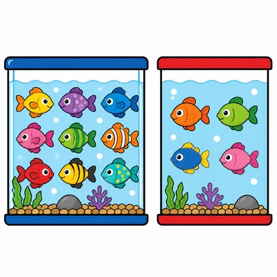 Two fish tanks, one with 9 fish and one with 4 fish.