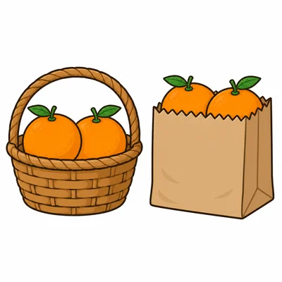 A basket with 2 oranges and a bag with 2 oranges.