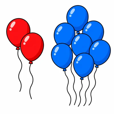A group of 2 red balloons and a group of 7 blue balloons.
