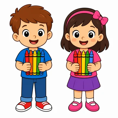 Two children each holding 5 crayons.