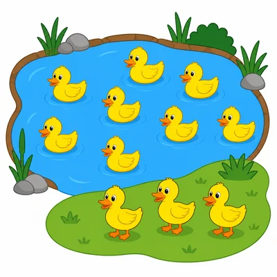 Eight ducks in a pond and three ducks on the grass.