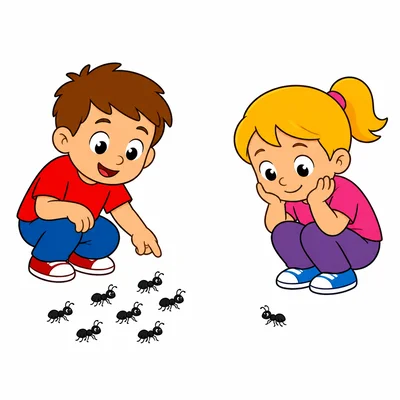 One child sees 6 ants and another child sees 1 ant.
