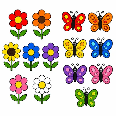 A group of 7 flowers and a group of 7 butterflies.