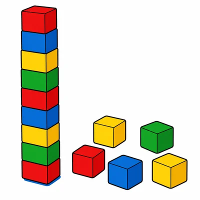 A tower of 10 blocks and a group of 6 blocks on the floor.