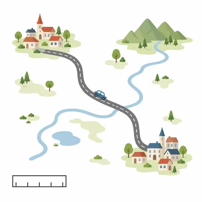 Map diagram showing two towns connected by a road, with a car and a scale symbol.