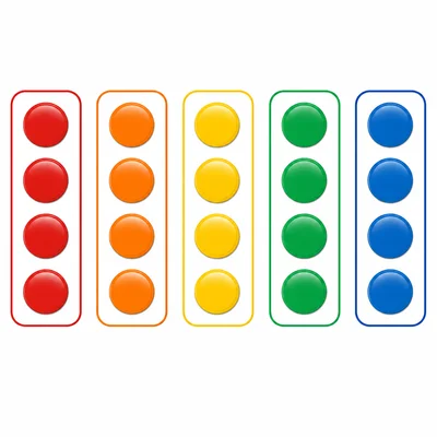 Five equal groups of four counters showing multiples of four.