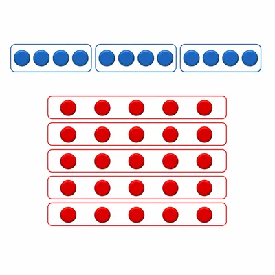 Counters for fifteen and twenty-five grouped equally to model a greatest common factor.
