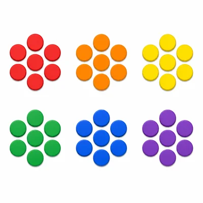 Six equal groups of seven counters showing multiples of seven.
