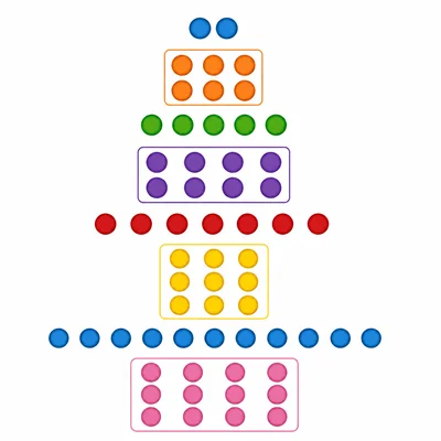 Counter arrays for several numbers, with composites as rectangles and primes as single rows.