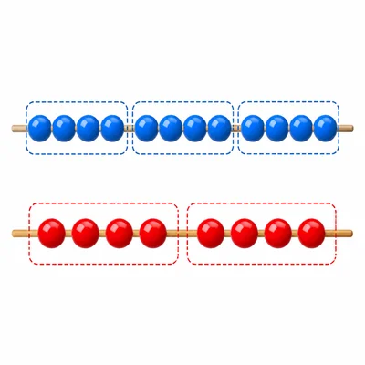 Two bead trains divided into equal groups to model a greatest common factor.