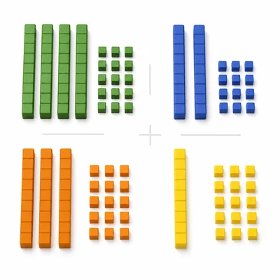 Base-ten blocks arranged in groups to model partial products.