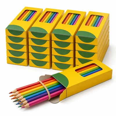 Stacks of pencil packs with one open pack showing pencils inside.