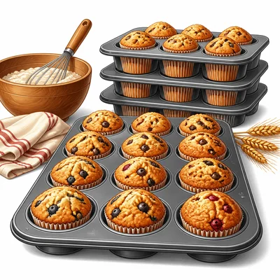 Bakery trays of muffins, with one tray showing muffins arranged in an even array.