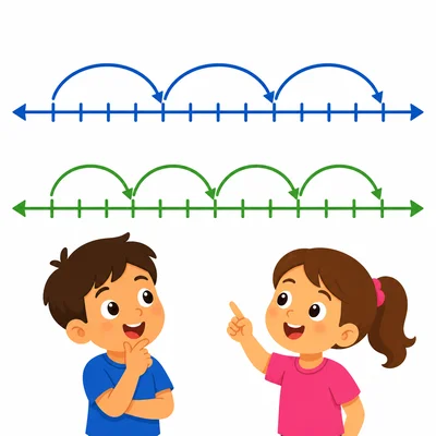 Two children compare number lines with 3 jumps of 4 and 4 jumps of 3.