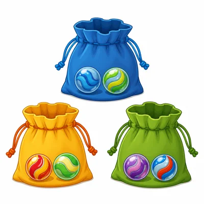 Three bags with two marbles in each bag.