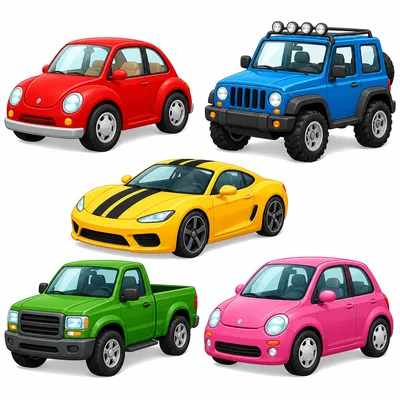 Five toy cars, each with four wheels.