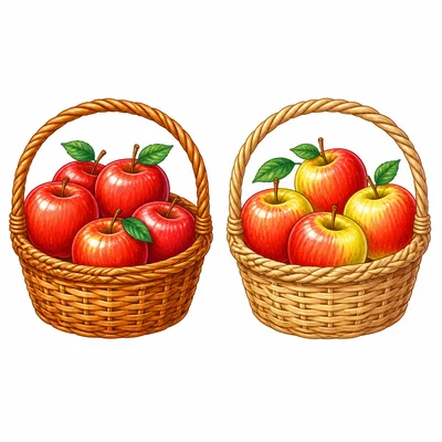 Two baskets with five apples in each basket.
