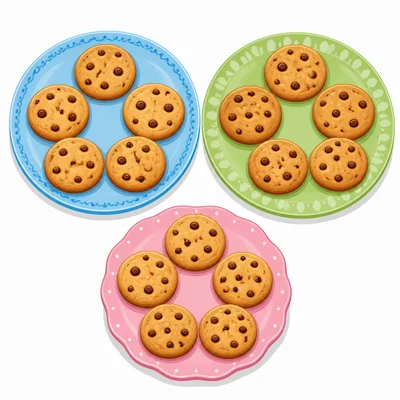 Three plates with five cookies on each plate.