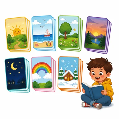 Seven day cards, each showing four pages, with a child reading.
