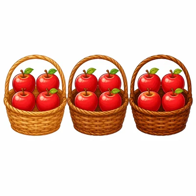 Three baskets with four apples in each basket.