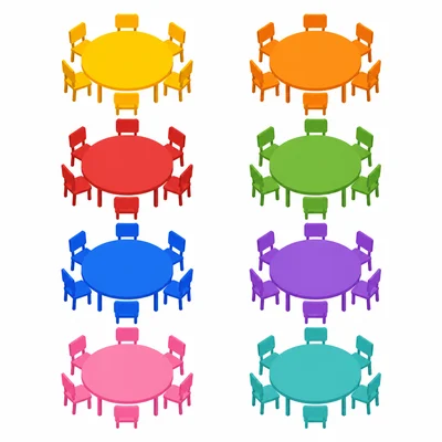 Eight tables with six chairs around each table.