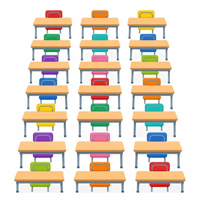 A classroom with seven rows of desks and three desks in each row.