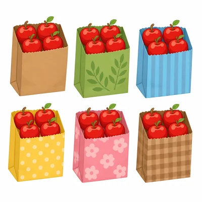 Six grocery bags, each holding four apples.