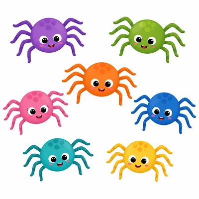 Seven friendly spiders, each with eight legs.