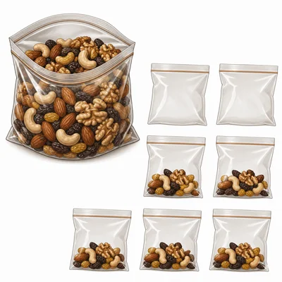 A large bag of trail mix being divided into six smaller bags.