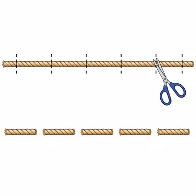 A rope being cut into equal-length pieces with scissors.