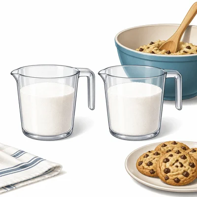 Two measuring cups partly filled with sugar beside a mixing bowl and cookies.