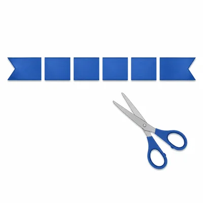 A ribbon cut into equal-length pieces with scissors nearby.