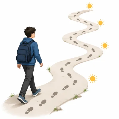A student walking along a path with repeated footprints and day symbols.