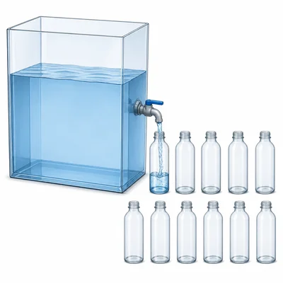 A water tank pouring water into several small bottles.