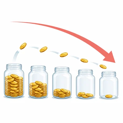 Coins leaving a piggy bank, showing a decreasing account balance.