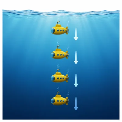 A submarine underwater descending with downward arrows.