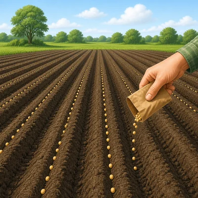 Seeds planted in straight rows in a farm field.