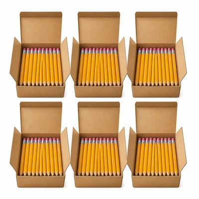 Several boxes of pencils arranged in groups.