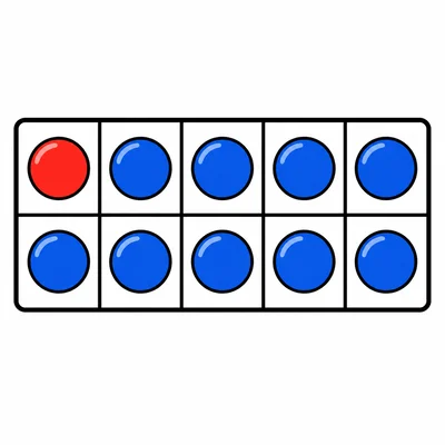 One red counter and nine blue counters in a ten-frame.
