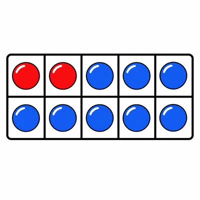 Two red counters and eight blue counters in a ten-frame.