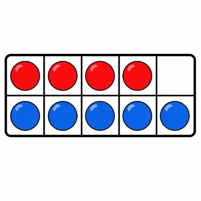 Four red counters and six blue counters in a ten-frame.