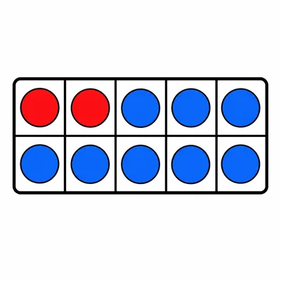 Two red counters and eight blue counters in a ten-frame.
