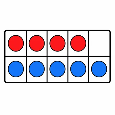 Four red counters and six blue counters in a ten-frame.