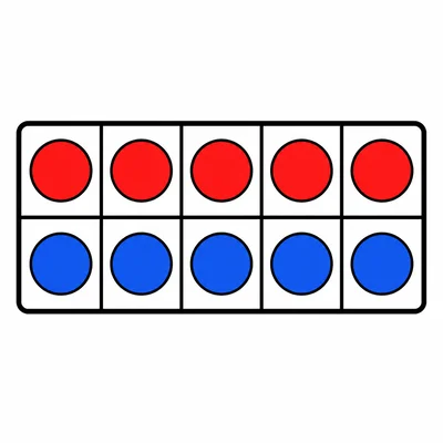Five red counters and five blue counters in a ten-frame.